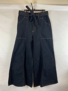 Farm Rio Black Twill Pants L Elephant Leg Tie Belt New NWT